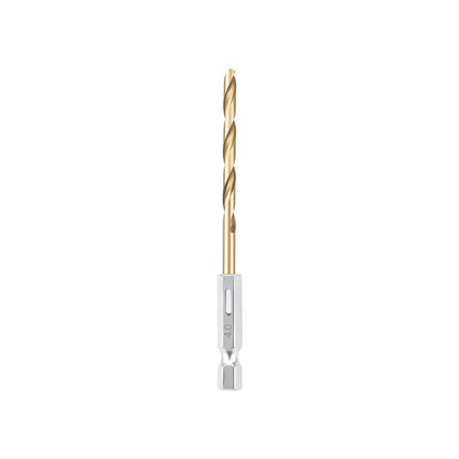 Drill bit with a silver base and gold spiral on a white background