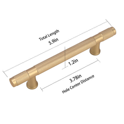 Gold cabinet handle with measurements on a white background