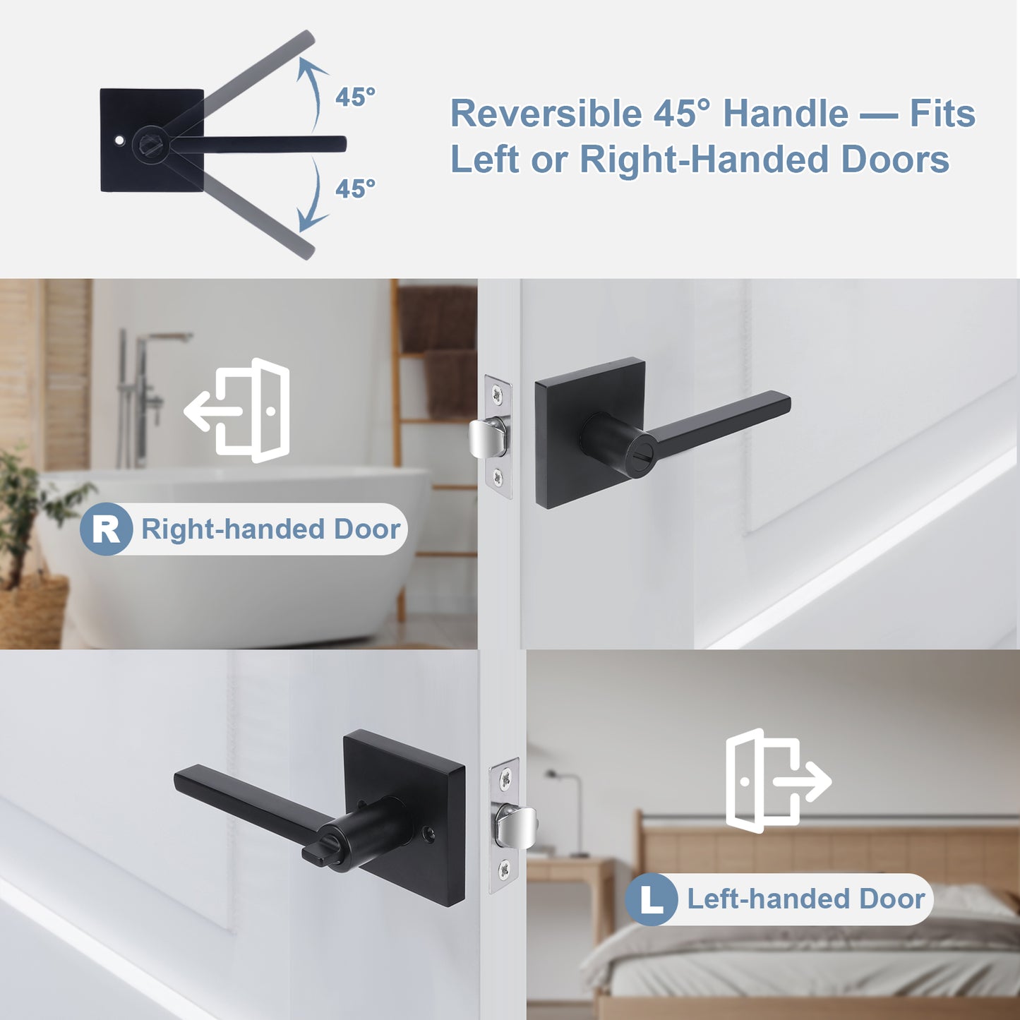 Black door handle with reversible design feature on a white door, showing compatibility with left and right-handed doors.