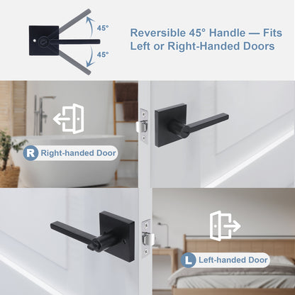 Black door handle with reversible design feature on a white door, showing compatibility with left and right-handed doors.