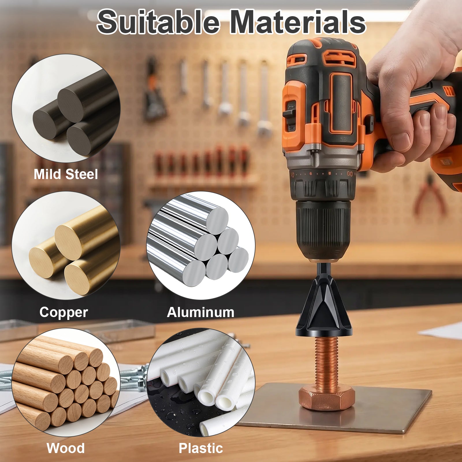 A cordless drill press is shown in use on a workbench, with a hand holding the drill. The image includes circular insets labeled Mild Steel, Copper, Aluminum, Wood, and Plastic under the heading 'Suitable Materials' to show compatible materials.