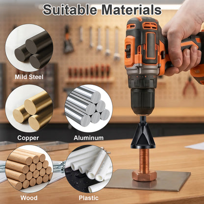 A cordless drill press is shown in use on a workbench, with a hand holding the drill. The image includes circular insets labeled Mild Steel, Copper, Aluminum, Wood, and Plastic under the heading 'Suitable Materials' to show compatible materials.