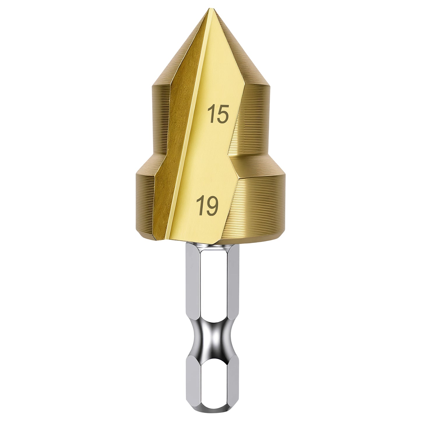 Gold drill bit with numbers on a white background