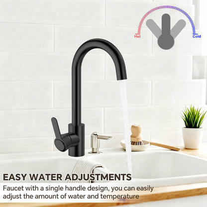 Black kitchen faucet with water flow indicator and text on a white tiled wall background
