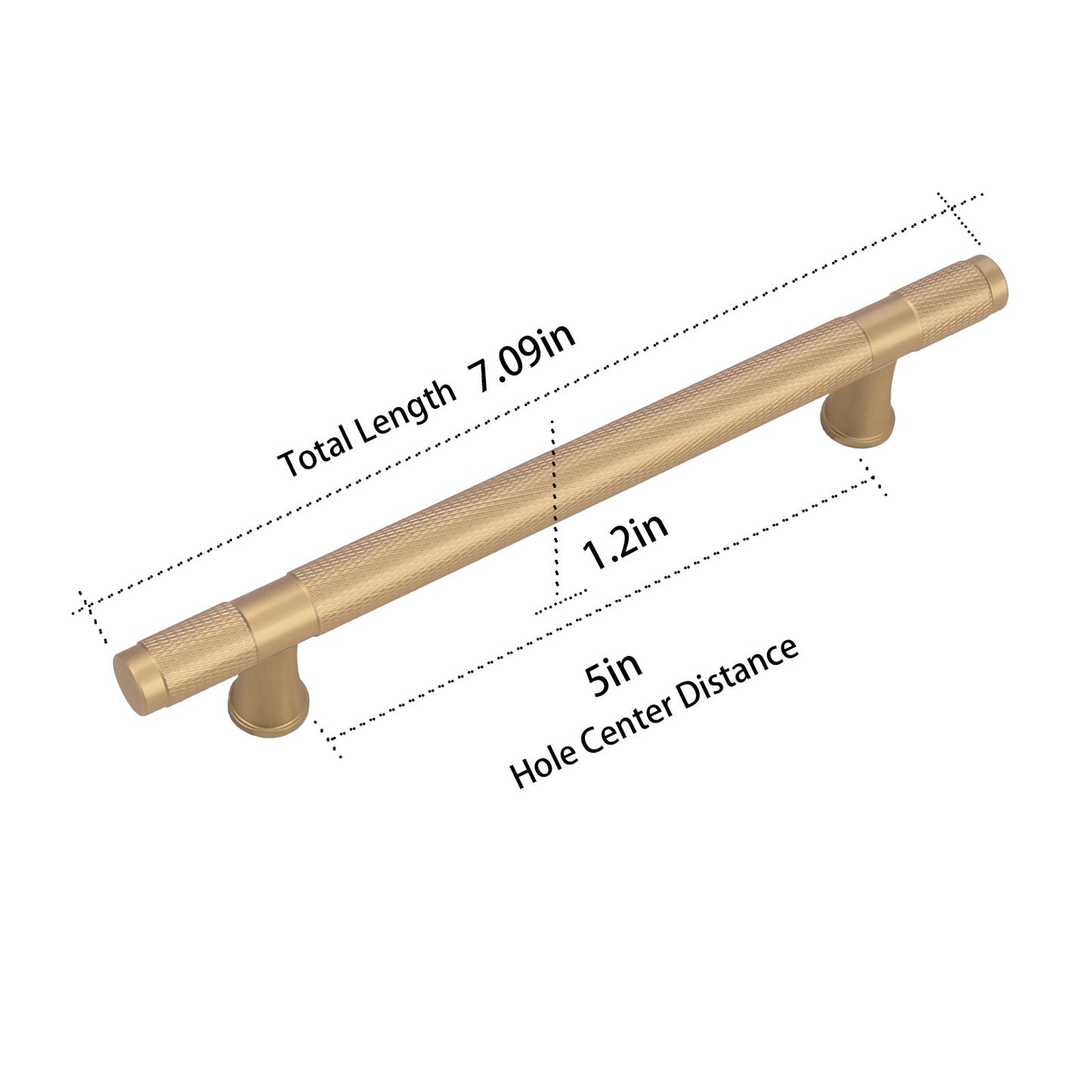Gold cabinet handle with measurements on a white background