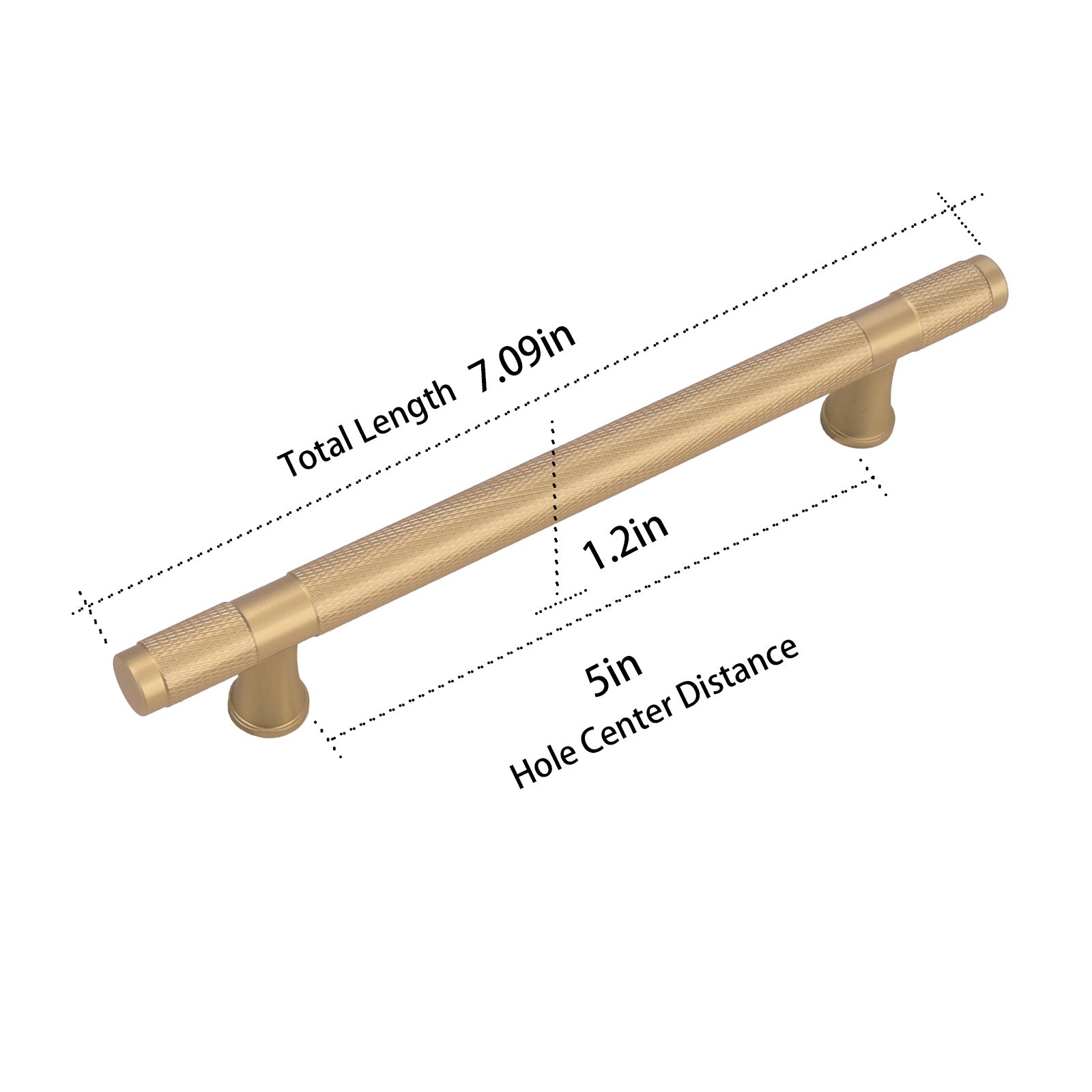Gold cabinet handle with measurements on a white background