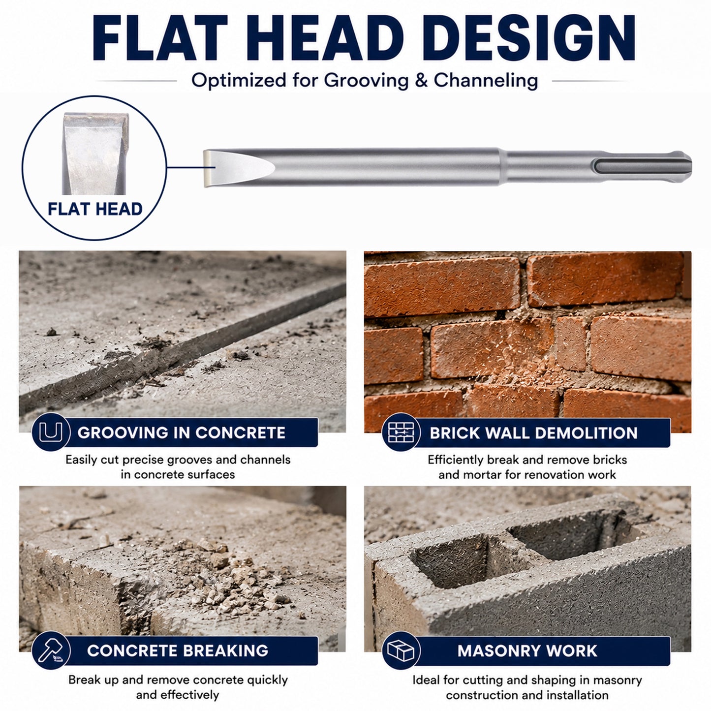 A promotional infographic for a flat-head chisel tool. The top section shows the silver metal tool labeled 'FLAT HEAD' with text reading 'FLAT HEAD DESIGN' and 'Optimized for Grooving & Channeling.