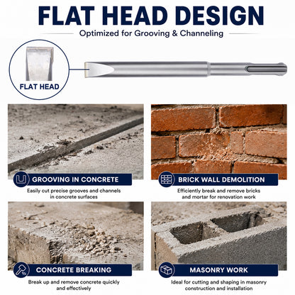 A promotional infographic for a flat-head chisel tool. The top section shows the silver metal tool labeled 'FLAT HEAD' with text reading 'FLAT HEAD DESIGN' and 'Optimized for Grooving & Channeling.