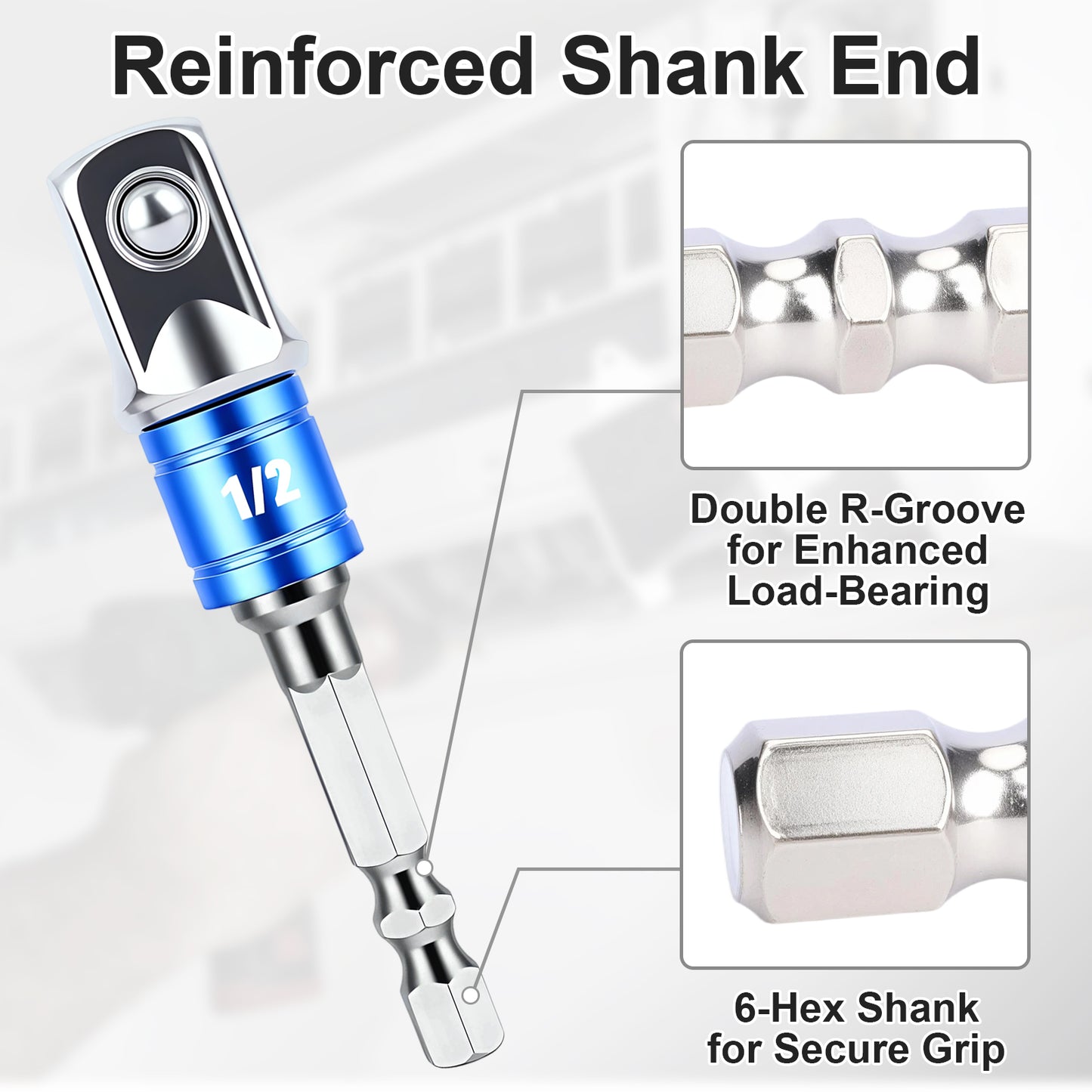 Tattoo machine bit with reinforced shank end and double R-groove design on a white background.