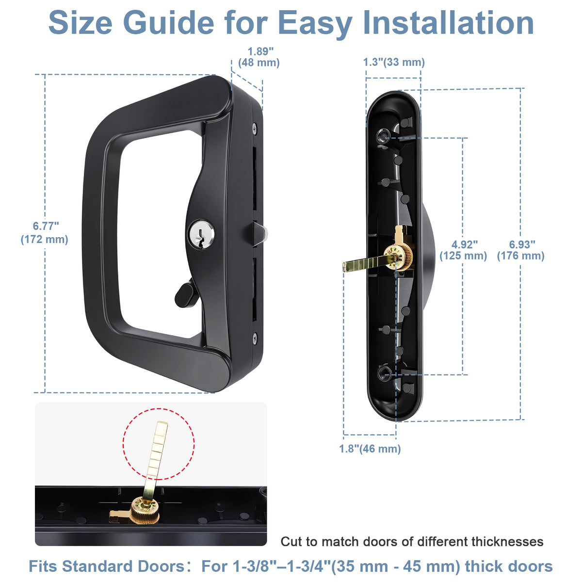 Size guide diagram for a black door handle set, showing front and back measurements in inches and millimeters with cut instructions for different door thicknesses.