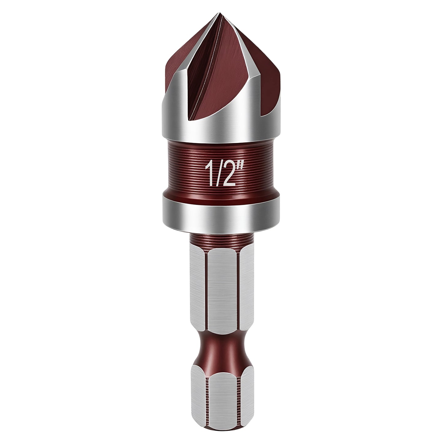 Metal drill bit with red and silver design on a white background