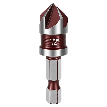 Metal drill bit with red and silver design on a white background