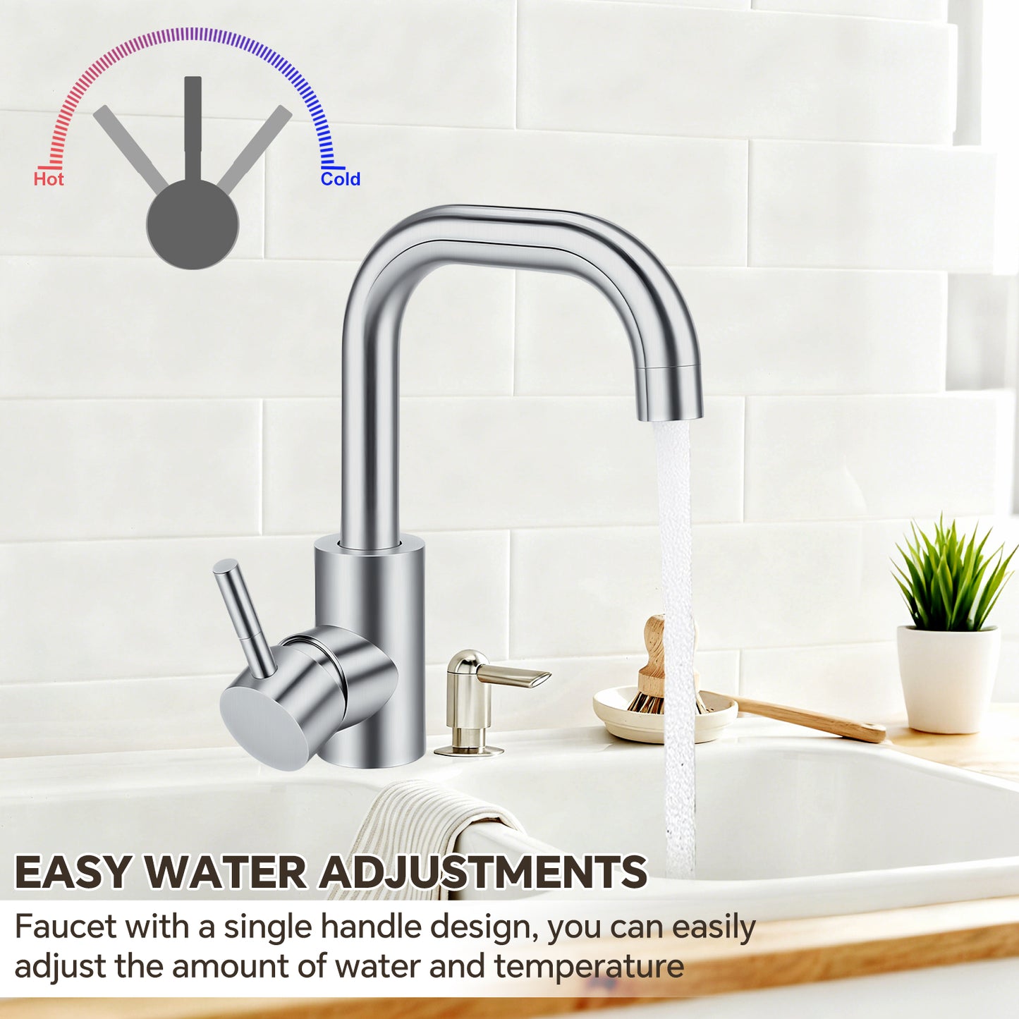 Modern kitchen faucet with single handle design on a white tiled wall background