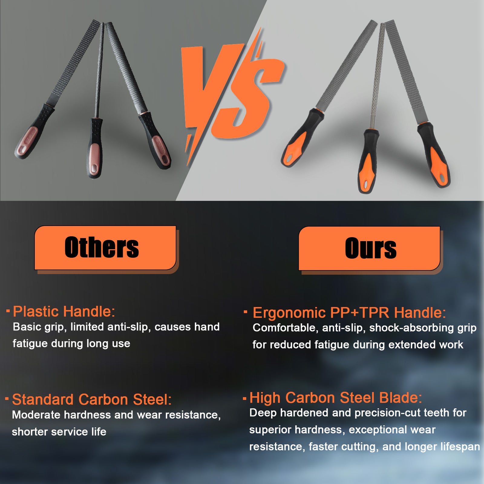 Comparison chart showing a tool with ergonomic handle and high carbon steel blade against 'Others' with plastic handle and standard carbon steel.