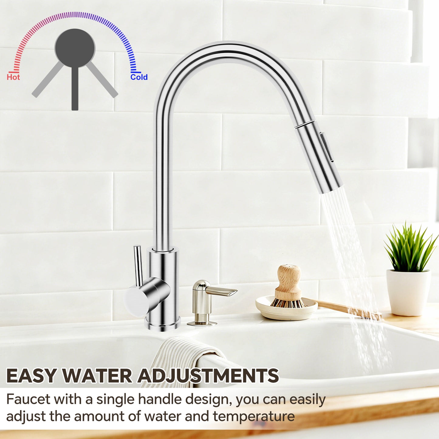 Chrome kitchen faucet with water flowing into a sink, labeled 'Easy Water Adjustments'.