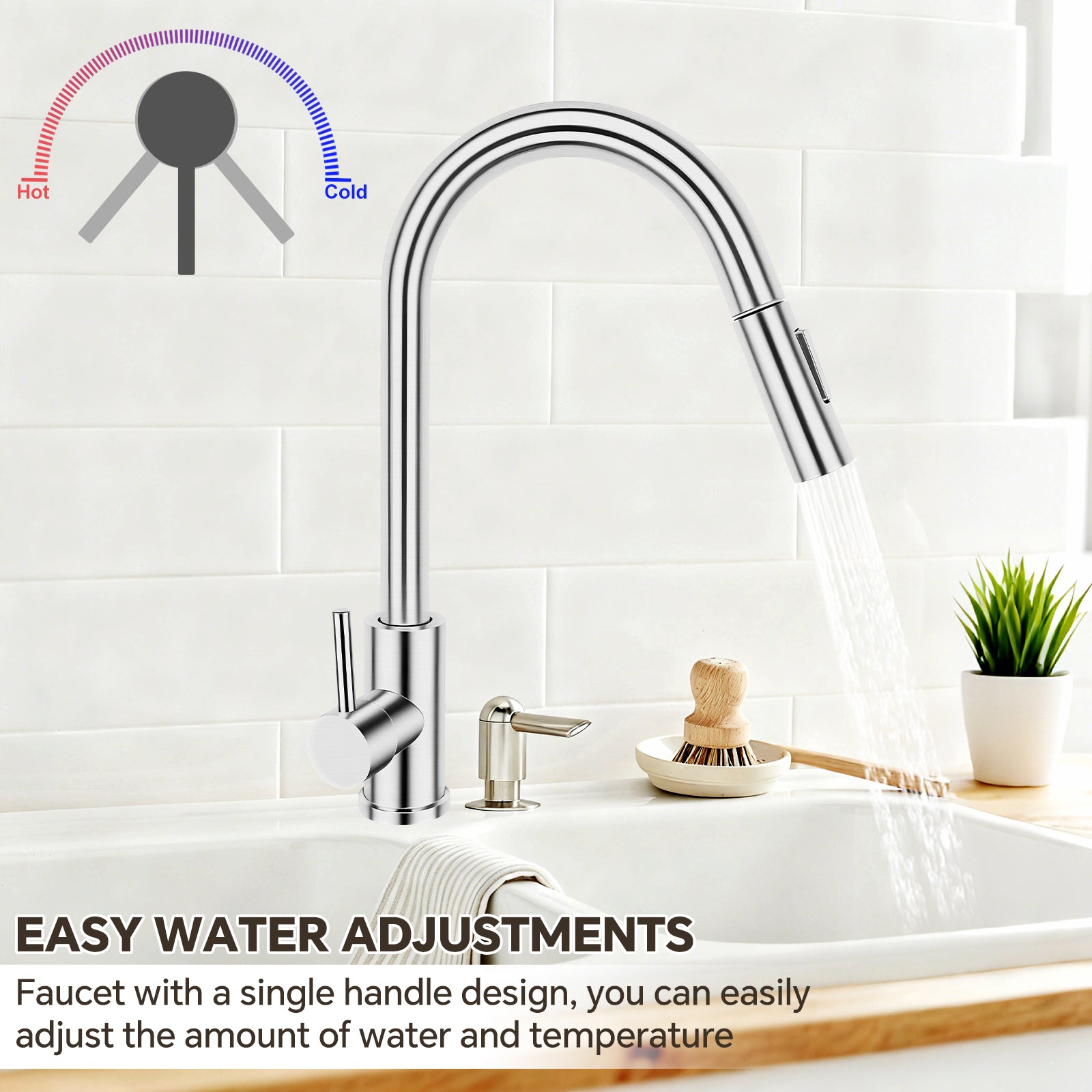 Chrome kitchen faucet with water flowing into a sink, labeled 'Easy Water Adjustments'.