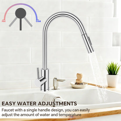 Chrome kitchen faucet with water flowing into a sink, labeled 'Easy Water Adjustments'.