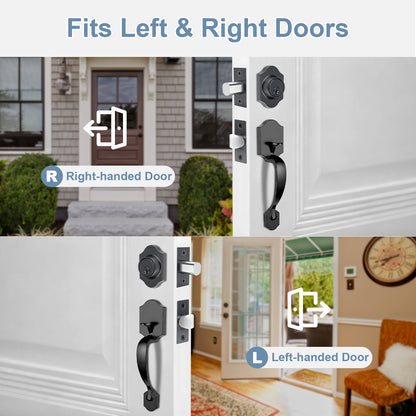 Door handle and lock set with text indicating compatibility for left and right-handed doors.