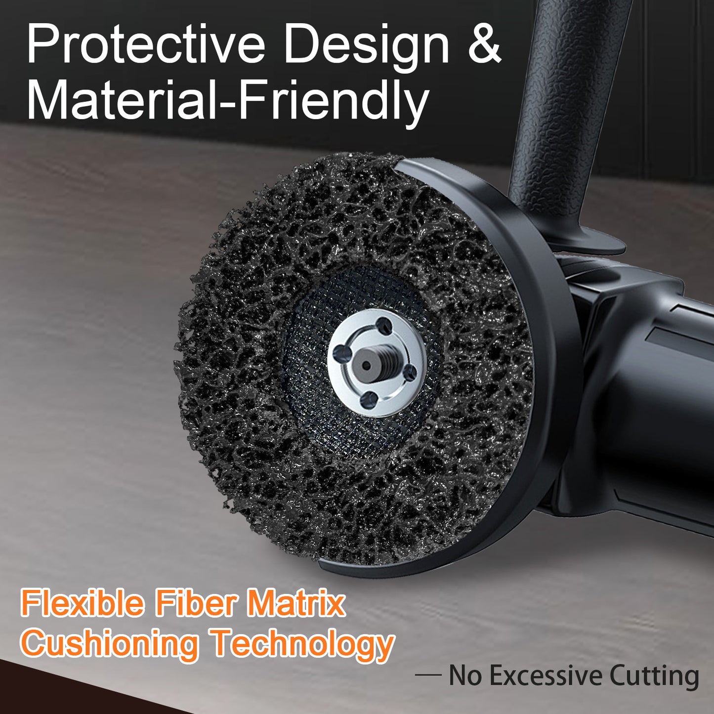 Close-up of a black scrubber with text highlighting protective design and material-friendliness.