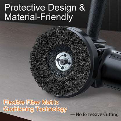 Close-up of a black scrubber with text highlighting protective design and material-friendliness.