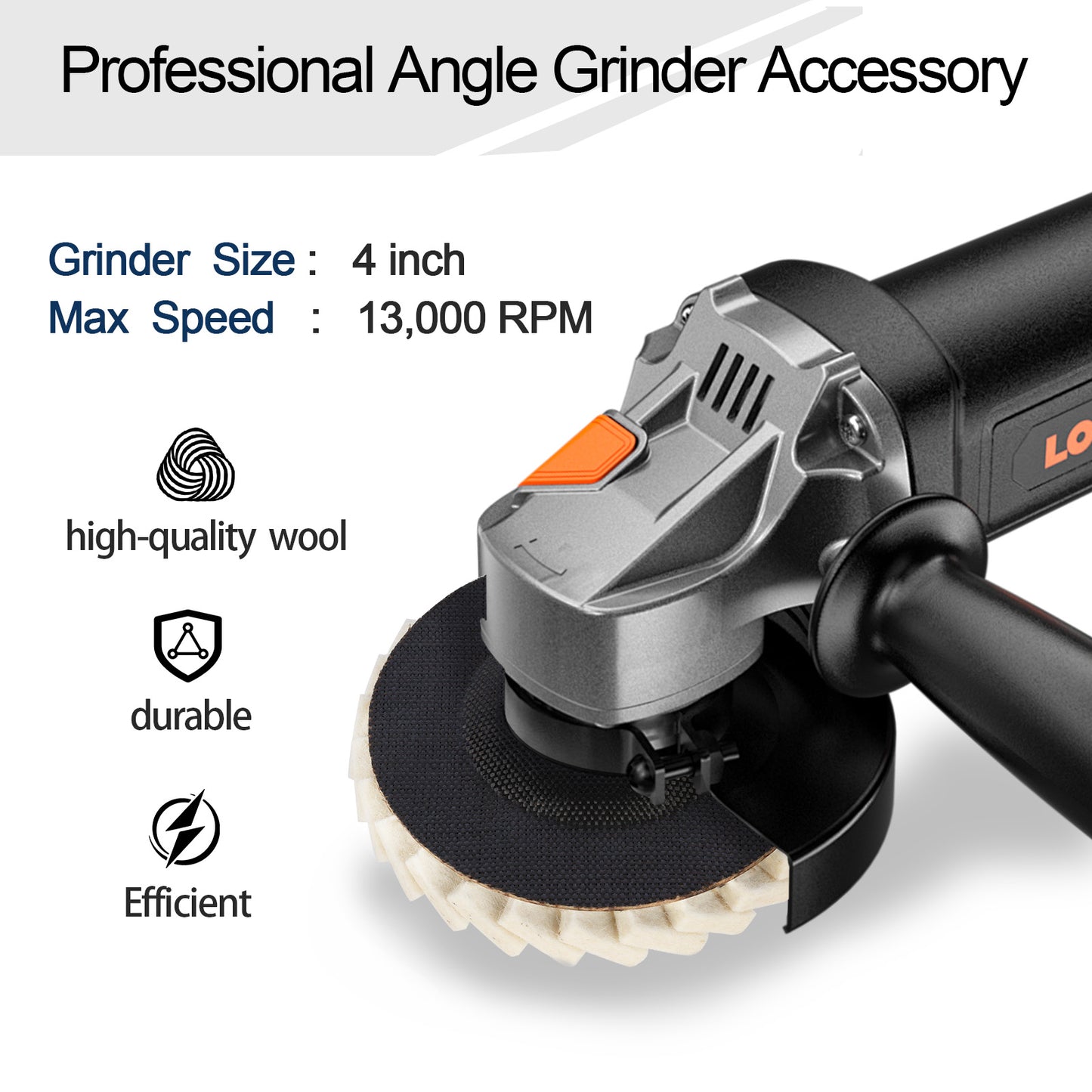 Professional angle grinder accessory with text detailing specifications and features on a white background
