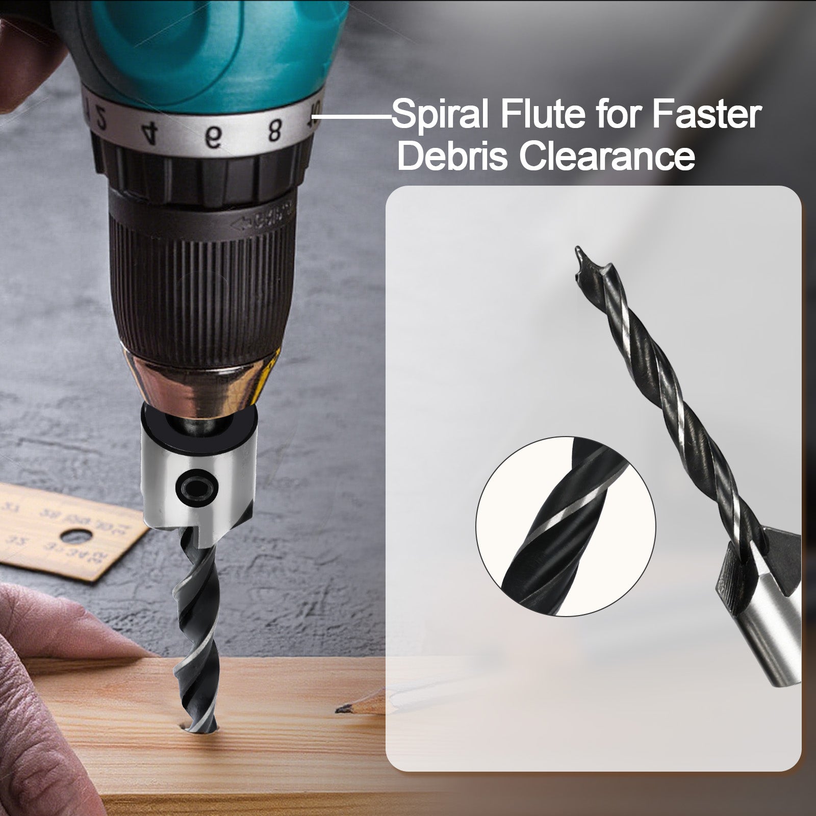 Drill bit with spiral flute design for faster debris clearance, shown with a drill and close-up detail.