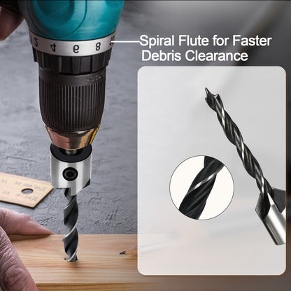 Drill bit with spiral flute design for faster debris clearance, shown with a drill and close-up detail.