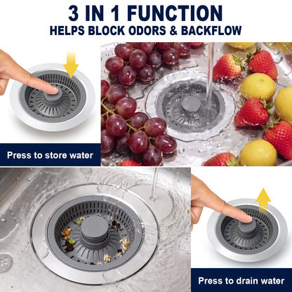 A collage showing a gray and white kitchen drain strainer with text reading '3 IN 1 FUNCTION HELPS BLOCK ODORS & BACKFLOW.' The image includes a finger pressing the drain to store water, grapes and strawberries running through the drain, and the drain being cleared of debris.