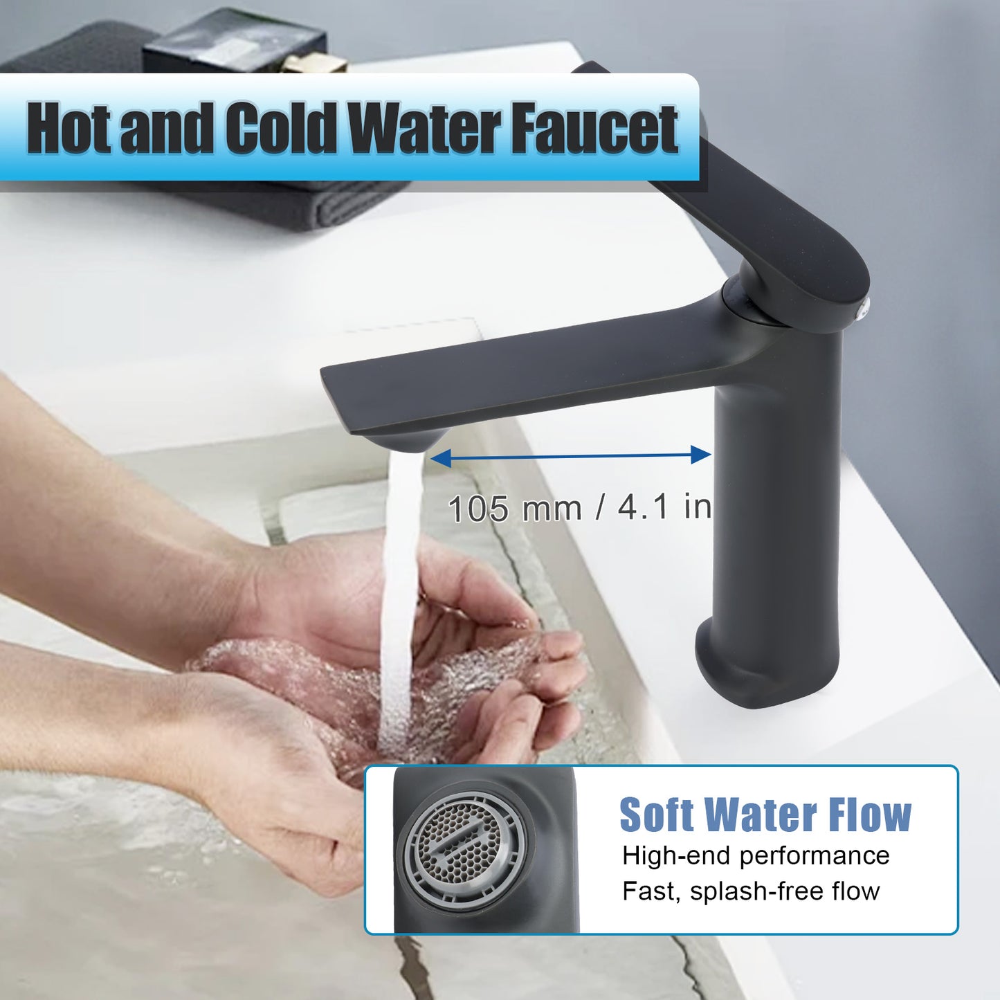 Black faucet with water flowing, showing a close-up of hands washing and a drain inset.