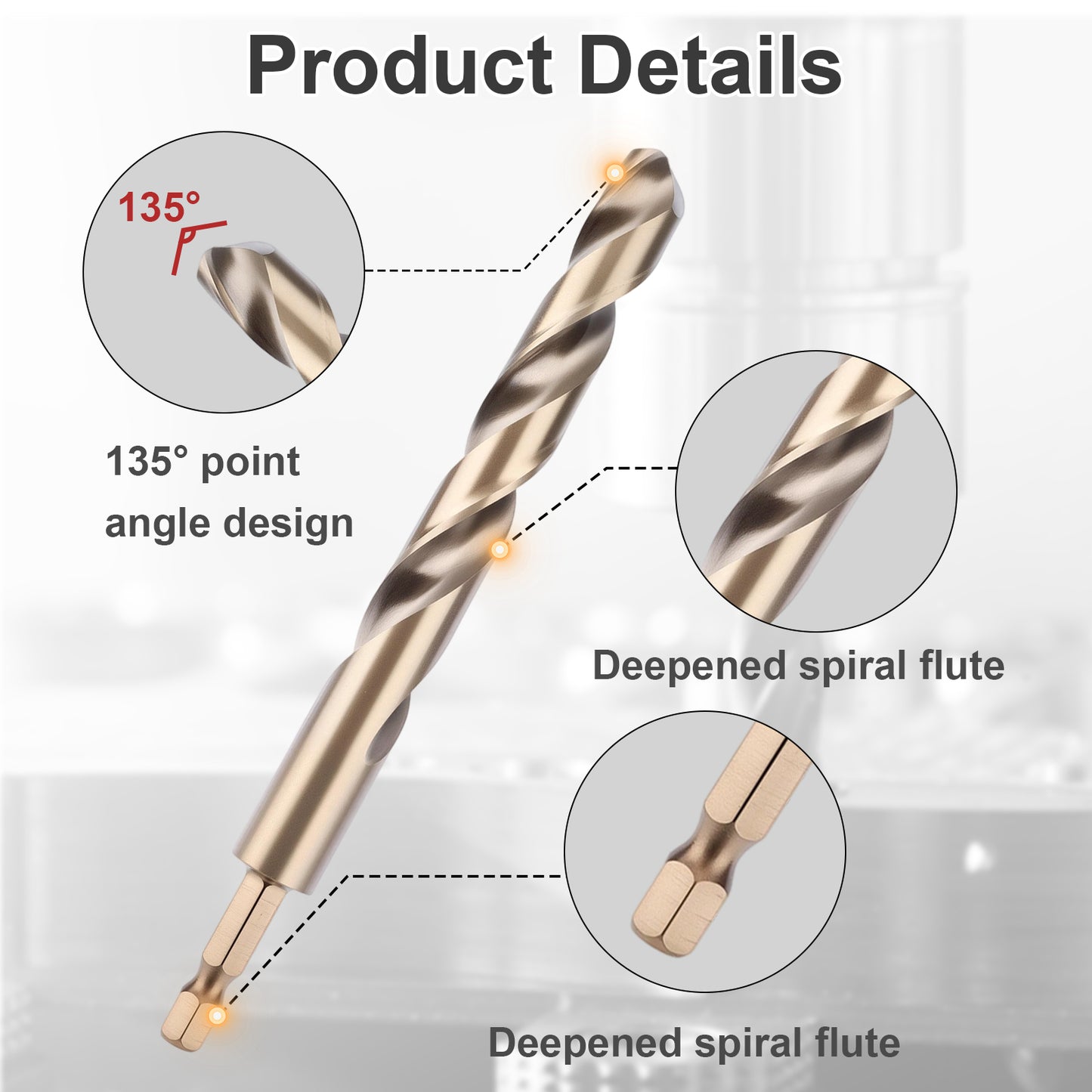 Drill bit with labeled features on a white background
