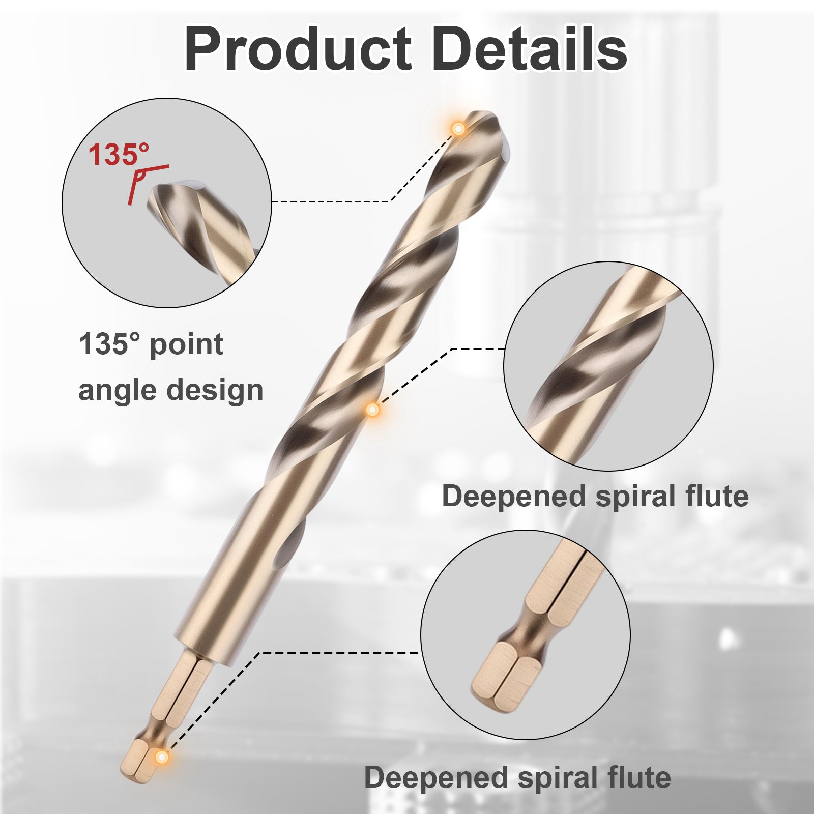 Drill bit with labeled features on a white background