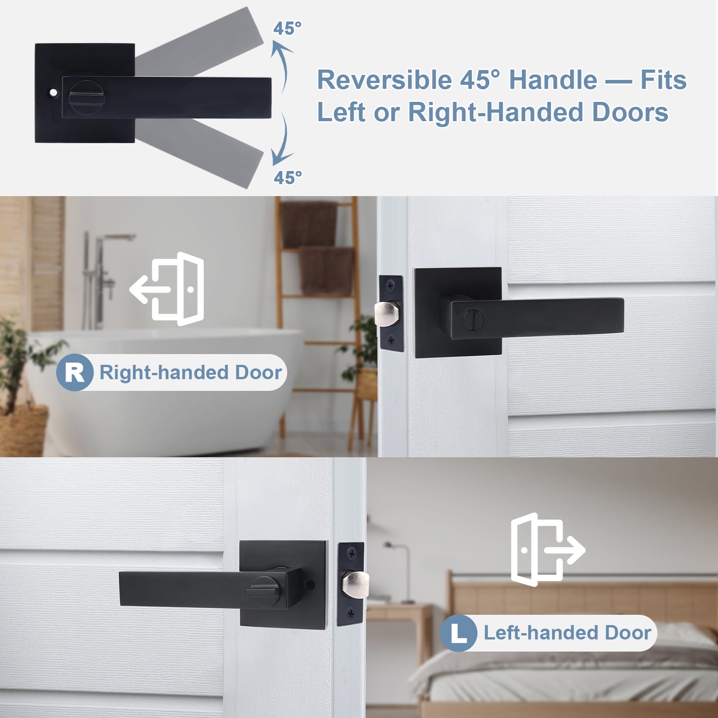 Reversible 45-degree handle door lock system with installation instructions on a white background.