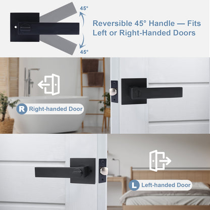 Reversible 45-degree handle door lock system with installation instructions on a white background.