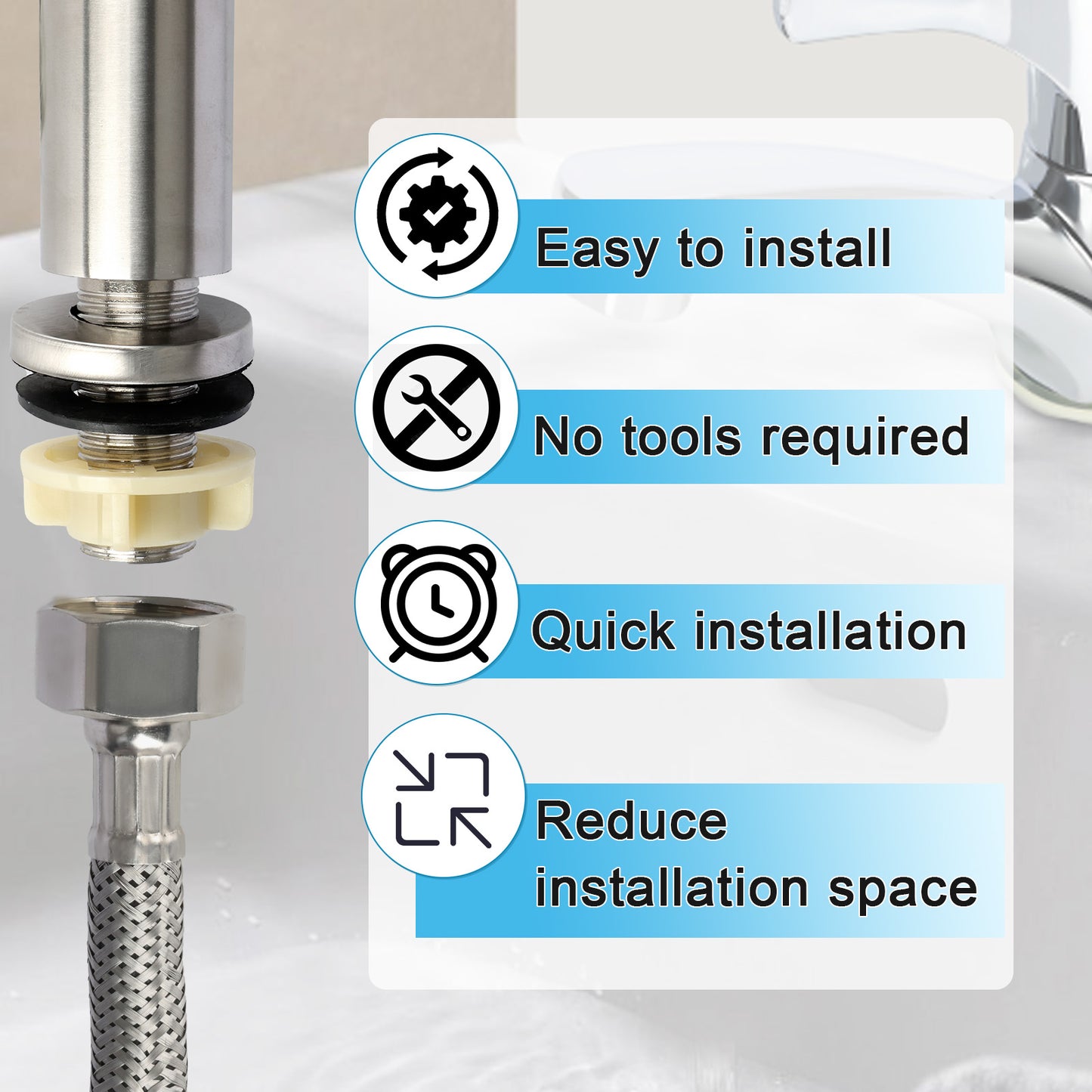 Plumbing installation with text indicating ease of installation, toollessness, quick installation, and reduced space requirement.