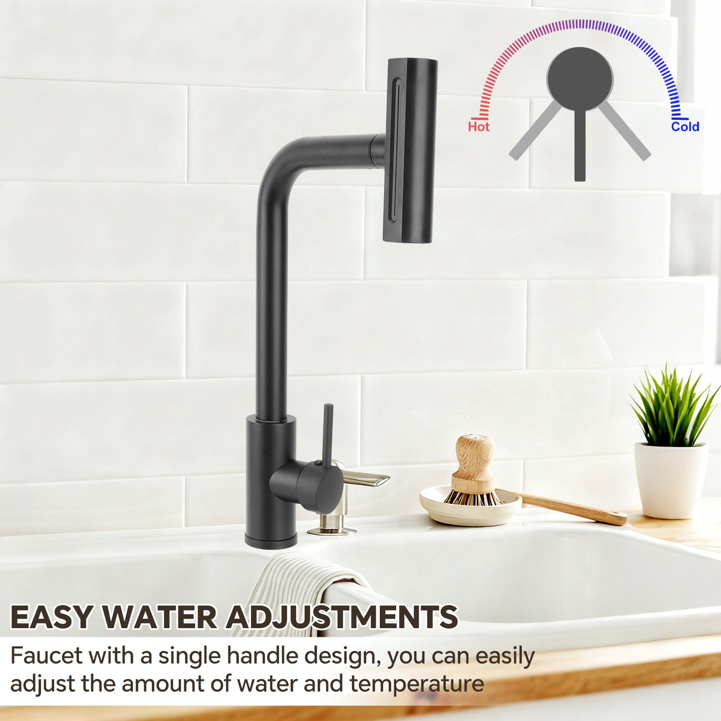 Black faucet with single handle design in a kitchen setting