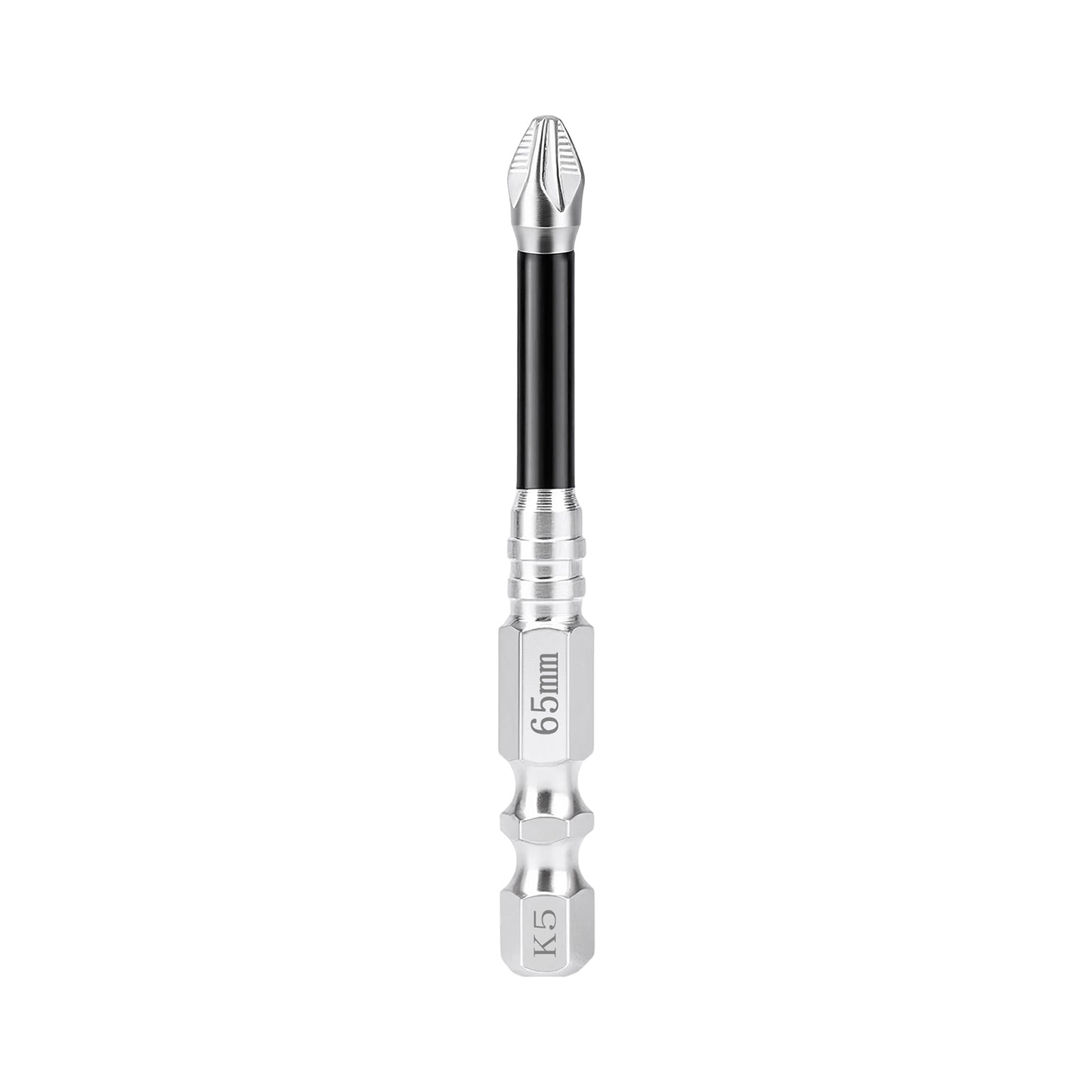 A 65mm K5 hex driver bit adapter with a silver metallic body, a black anodized shaft, and a silver star bit tip, shown on a plain white background.