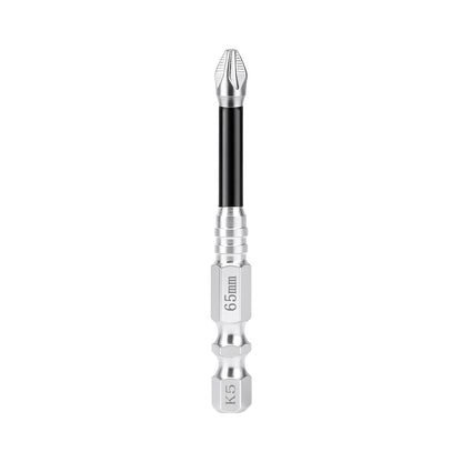 A 65mm K5 hex driver bit adapter with a silver metallic body, a black anodized shaft, and a silver star bit tip, shown on a plain white background.