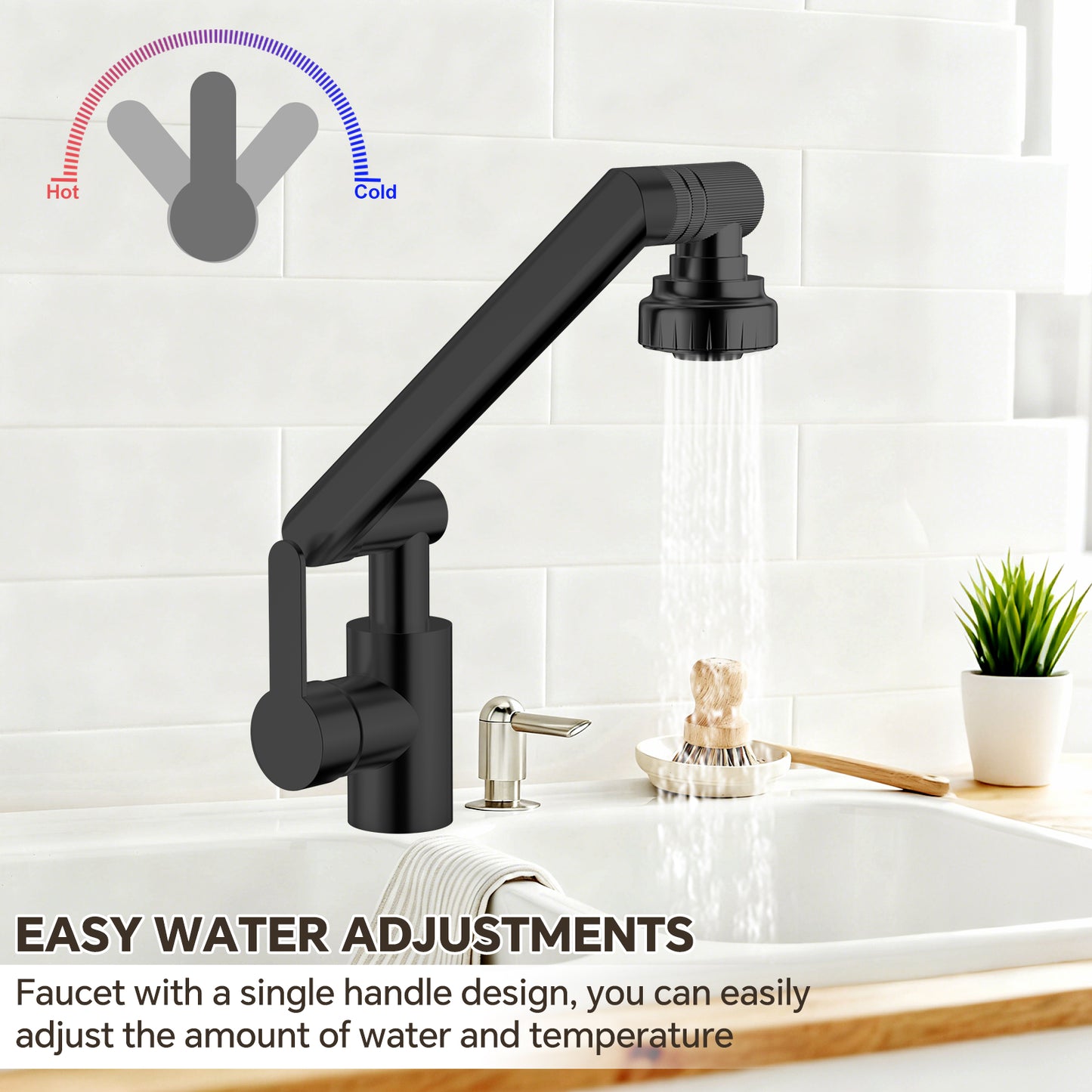 Black kitchen faucet with adjustable spray head on a white tiled wall background
