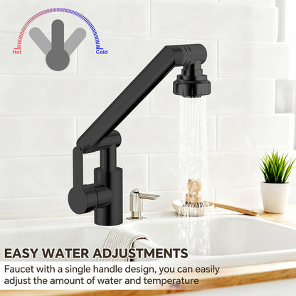 Black kitchen faucet with adjustable spray head on a white tiled wall background