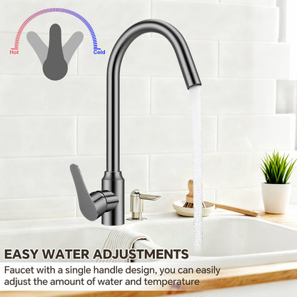 Modern kitchen faucet with single handle design on a white tiled wall background