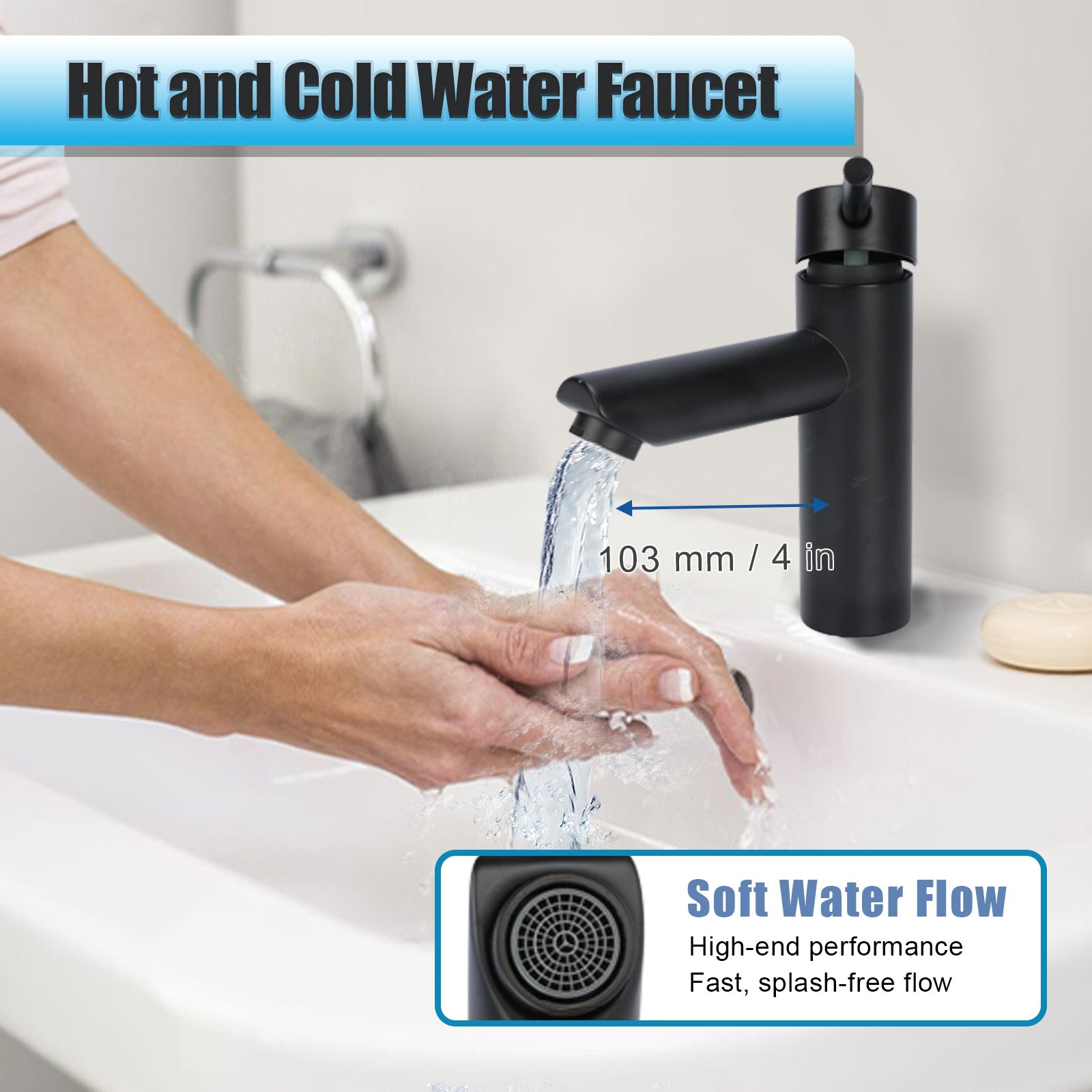 Black faucet with water flowing into a sink, labeled 'Hot and Cold Water Faucet' and 'Soft Water Flow'.