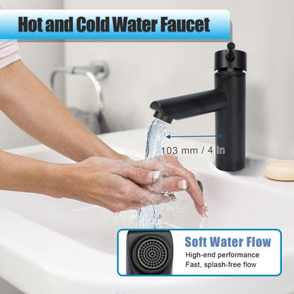 Black faucet with water flowing into a sink, labeled 'Hot and Cold Water Faucet' and 'Soft Water Flow'.