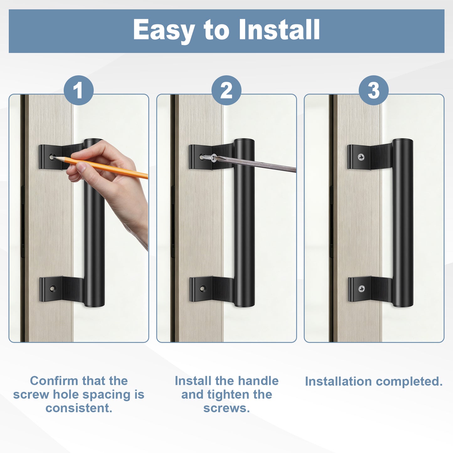 Instruction graphic showing three steps to install a black metal door handle on a light wood door, with a hand marking the screw hole in step 1 and text reading 'Easy to Install'.