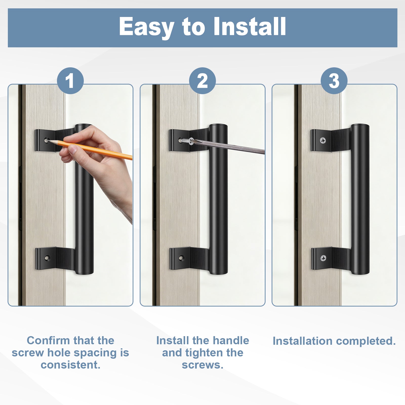 Instruction graphic showing three steps to install a black metal door handle on a light wood door, with a hand marking the screw hole in step 1 and text reading 'Easy to Install'.