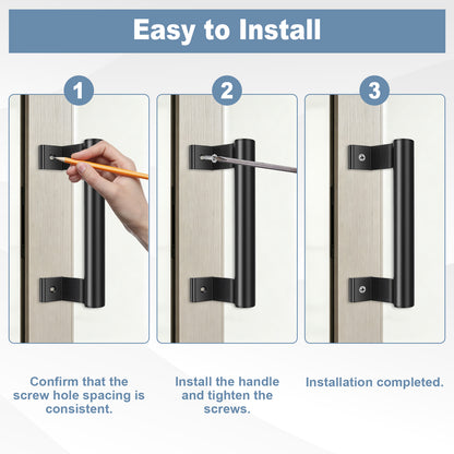 Instruction graphic showing three steps to install a black metal door handle on a light wood door, with a hand marking the screw hole in step 1 and text reading 'Easy to Install'.
