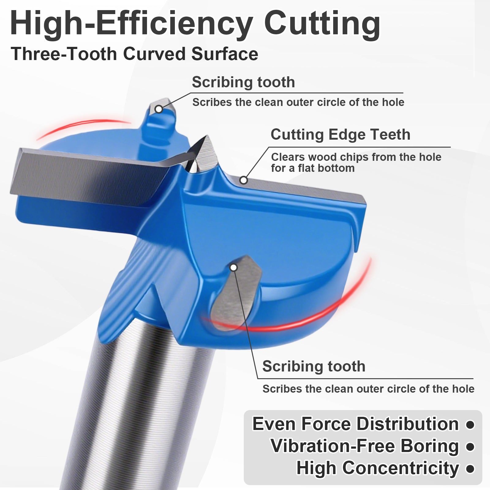 3-Tooth Forstner Drill Bit - Curved Cutting Edges, Scribing Teeth for Clean Holes, High Efficiency & Vibration-Free Wood Boring