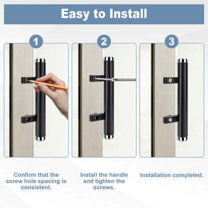 Instruction graphic showing how to install a black metal door handle in three steps: confirm screw hole spacing, install and tighten the handle, and installation completed. The graphic includes numbered panels with a hand holding a pencil in step 1.