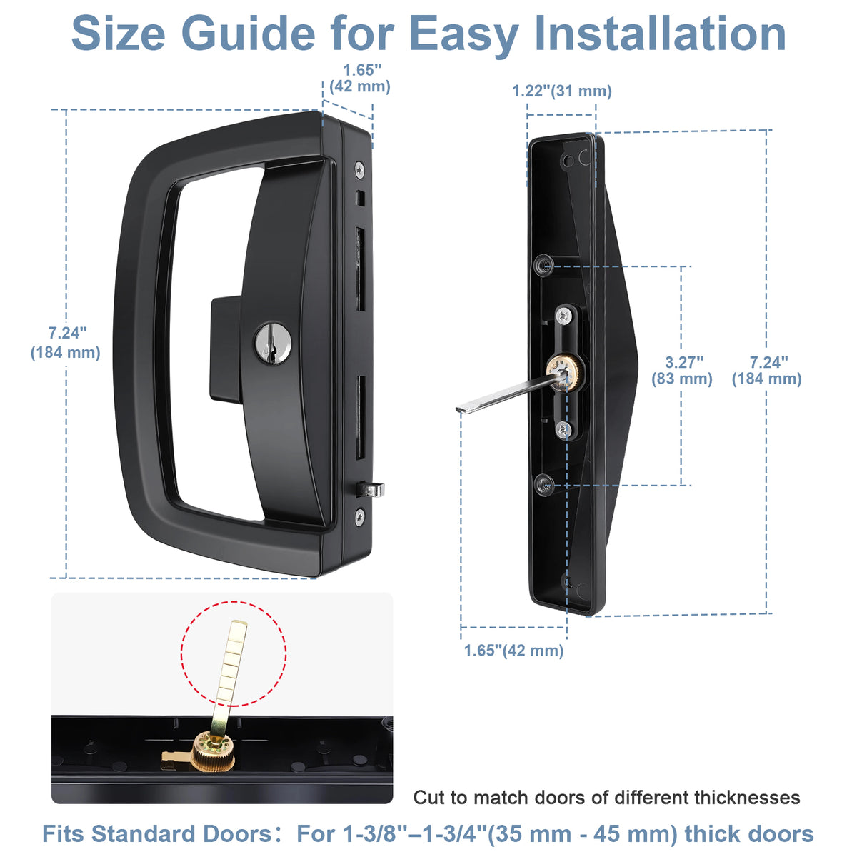 Size guide diagram for a black door handle set, showing front and side measurements with dashed lines and text labels, plus a small inset photo demonstrating fit on a door.