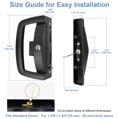 Size guide diagram for a black door handle set, showing front and side measurements with dashed lines and text labels, plus a small inset photo demonstrating fit on a door.