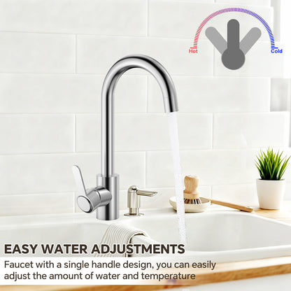 Chrome kitchen faucet with water flow indicator and text on a white tiled wall background